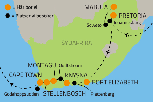 Geografisk karta över Sydafrika och Kapstaden.
